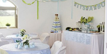 Baby Showers party room decorated for a boys baby shower