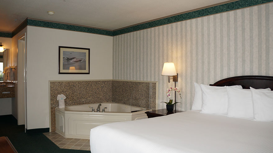 European King Size Bed guest room photo showing King bed, jacuzzi tub and entrance to bathroom.