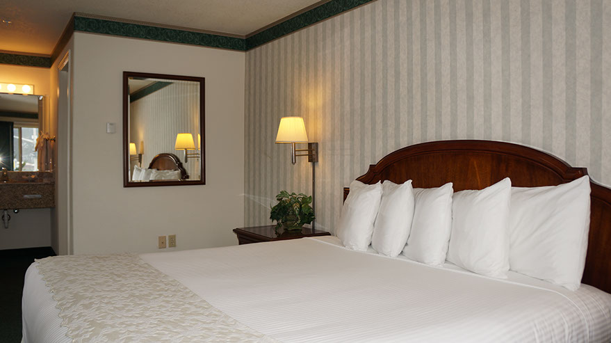 Photo showing European King bed, large mirror, night stand with lamp and entrance to sink area and door to restroom. 