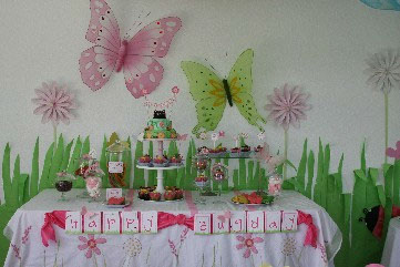 photo of a party decorated with soft pastels and butterflys.